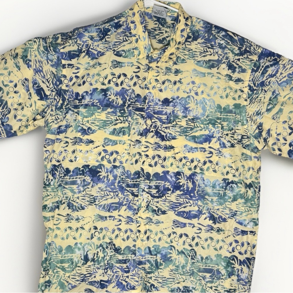 Rum Reggae Yellow Green Blue Tuna Fish Squid Short Sleeve Aloha Shirt Mens XL